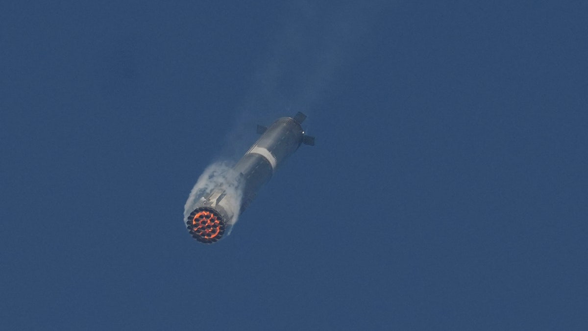 The booster of SpaceX's mega rocket Starship is recaptured during a test flight from Starbase in Boca Chica, Texas, Thursday, March 6, 2025.